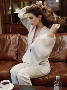 1pc Solid Color Knitted Ribbed Button Cardigan, Suitable For Holiday, Date Night, Wedding, Office, Birthday Party In Autumn