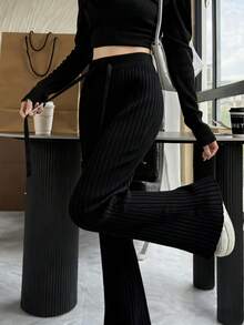 2026 Women's Spring Knitted Glutinous Rice Pants, Gray Drawstring Tie Flared Leg Trousers, Wool Blend Relaxed Fit Slimming Wide Leg Pants