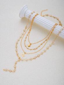 1/2pcs Set Vintage Minimalist Elegant Star Pendant Necklace With Faux Pearl Embellished Y-Shaped Long Chain, Versatile Jewelry Suitable For Women Daily, Party, Date, Vacation, Christmas, Halloween Gift