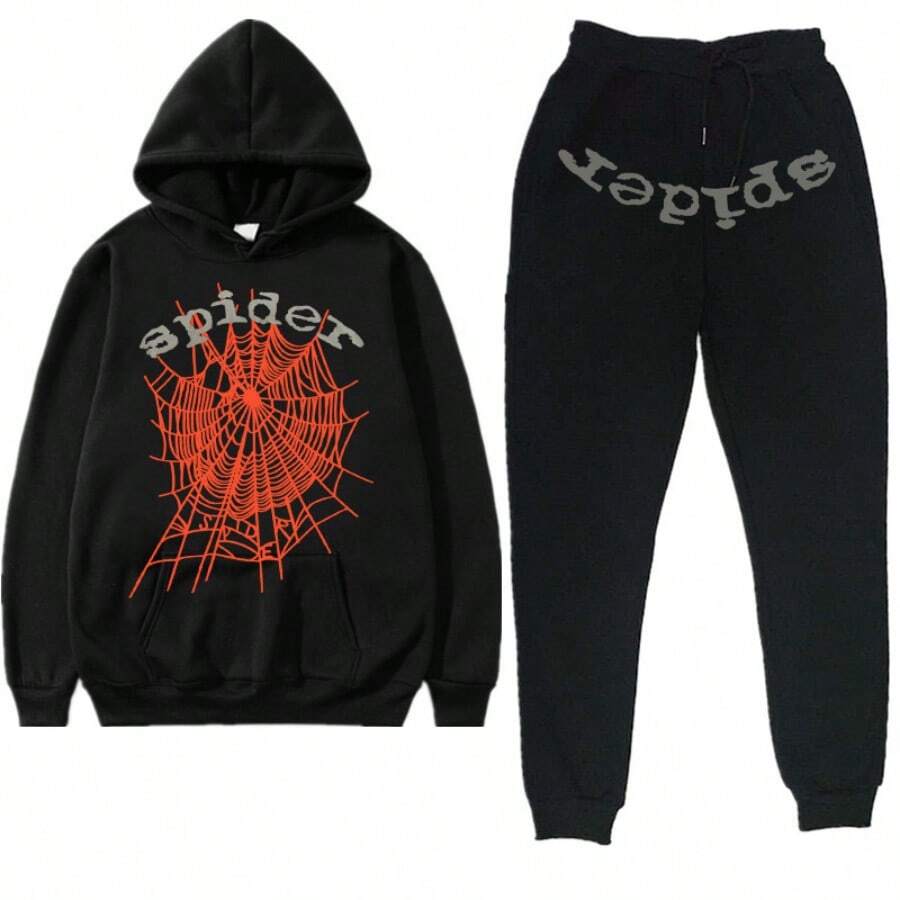 Spider Web Fashion Hip-Hop Printed Flower Hoodie, European And American  Brand Large-Sized Loose Men's And Women's Hooded Sweatshirt Set - Bộ đồ đen 3 - Xem 1