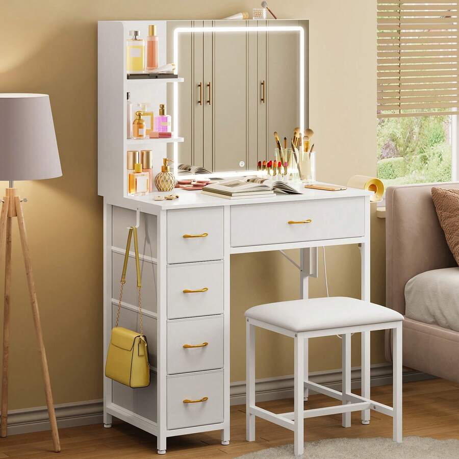 Tomnk LED Lighted Vanity Table Set With 80cm Large Mirror, 3 Color Adjustable Lights, 5 Fabric Drawers & Storage Shelf, White Makeup Dressing Desk With Stool, USB Powered Bedroom Vanity For Women - 美規B型插(110-127V) - 查看 1