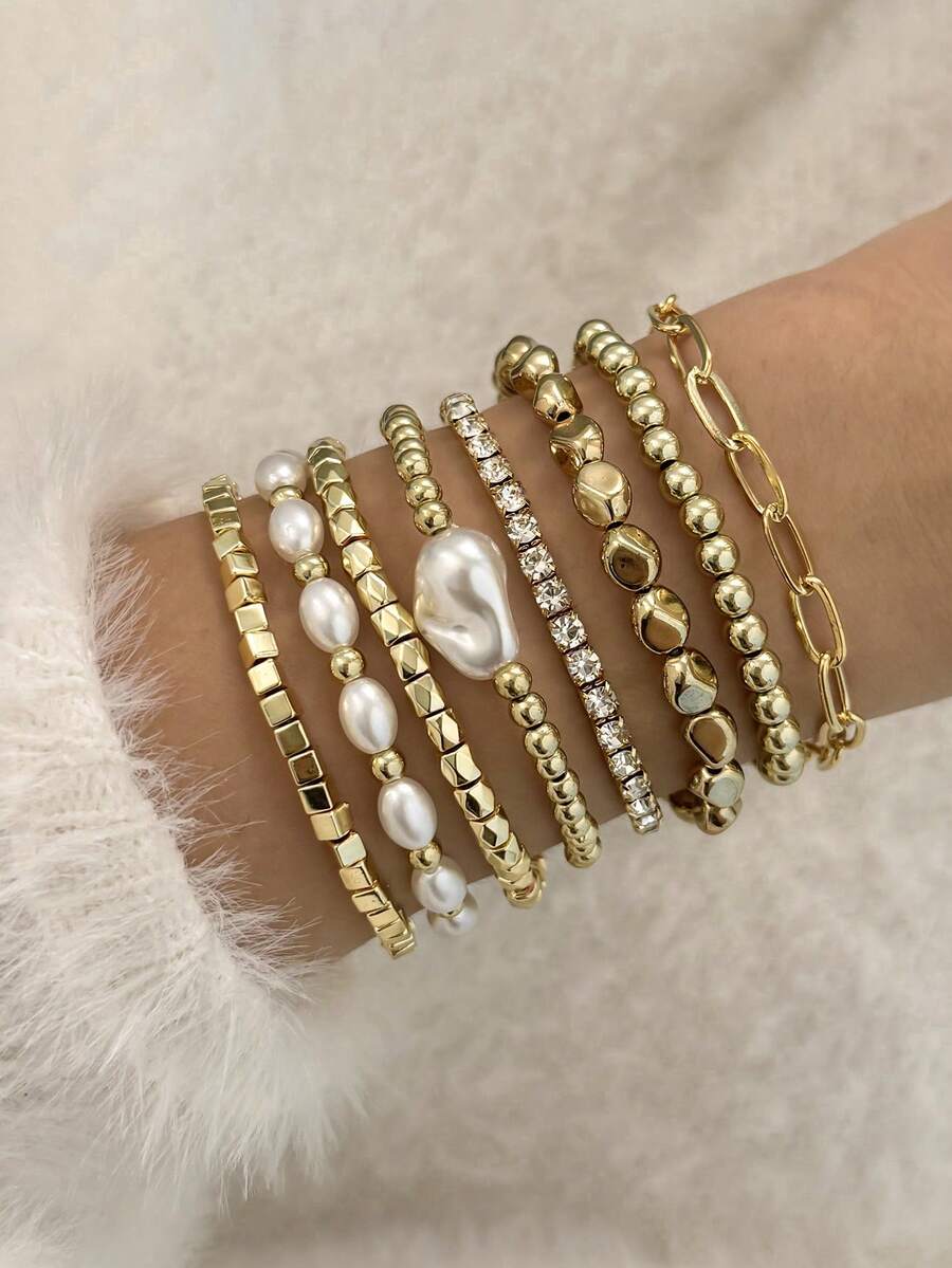 Bộ 8 vòng tay ngọc trai giả Baroque bất đối xứng cổ điển, vòng tay xích CCB vuông bất đối xứng dành cho nữ - Vàng - Xem 1