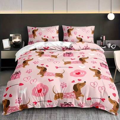 3pcs Cute Dachshund Pattern Bedding Set, Includes 1 Duvet Cover And 2 Pillow Shams (Comforter Not Included), Suitable For Bedroom And Guest Room, Available In Multiple Sizes, 100% Polyester Fabric, Machine Washable