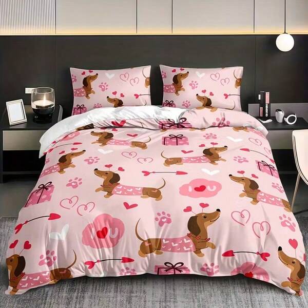 3pcs Cute Dachshund Pattern Bedding Set, Includes 1 Duvet Cover And 2 Pillow Shams (Comforter Not Included), Suitable For Bedroom And Guest Room, Available In Multiple Sizes, 100% Polyester Fabric, Machine Washable