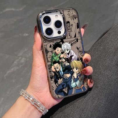 Custodia per telefono con motivo anime/cartone animato HUNTER*HUNTERS, compatibile con 17, 16e, 16, 15, 14, 13, 12, 11, Pro Max, Air, X, XR, XSMAX, 8, 7 Plus, con cornice in metallo argento e retro trasparente morbido
