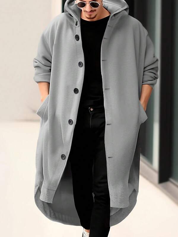 Men's Fashion Classic Personalized Solid Color Double-Sided Soft And Durable Material Slant Pocket Front Short Back Long Design Hoodie Suitable For Casual, Fashion, Classic, Versatile, Minimalist Outings, Commuting, Street Style, New Winter Long Sleeve Long Coat Hoodie