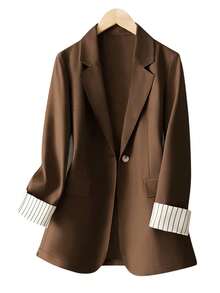 Blazer de manga larga con un solo botón, contraste de color y rayas en los puños para mujer de talla grande, para uso casual o laboral - Marrón Chocolate - Ver 3