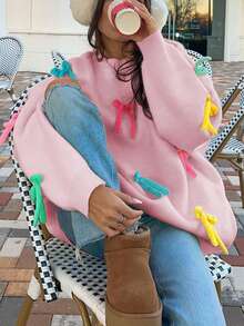 彩色蝴蝶结3D装饰宽松落肩圆领长袖针织套头衫，休闲可爱，适合秋冬季节穿着，时尚百搭，适合情人节/圣诞节粉色假期 - 粉色 - 查看 5