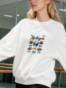 Michigan Football Hoodless Sweatshirt, Michigan, College Game Day Hoodless Sweatshirt, Michigan Bow Hoodless Sweatshirt, Michigan Coquette, Michigan College Hoodless Sweatshirt - 白色 - 查看 2