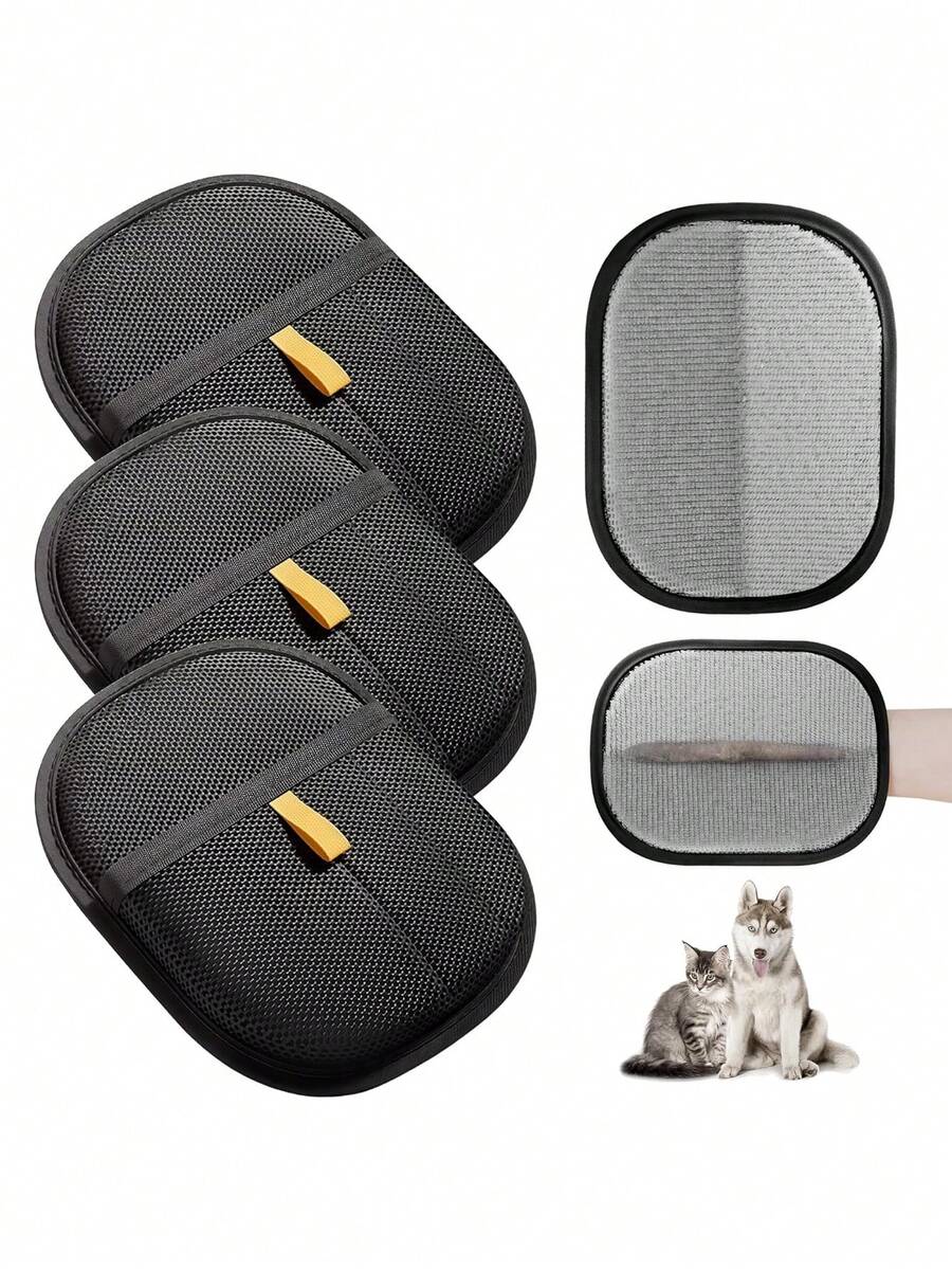 3 件套宠物毛发去除手套、猫毛清洁器、猫毛去除工具、猫咪美容手套、脱毛刷、除毛器、双面狗毛刷、双向刷毛设计的静电宠物毛发去除手套、可水洗可重复使用的猫狗毛发去除器美容手套工具，适用于家具、床单、汽车座椅