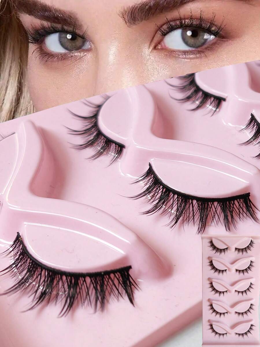5 Pairs/Box Cartoon Eyelashes, Lightweight European-American Petite Devil False Eyelashes, Mixed Girl Group 3D Natural Curly Crossed One-Piece Eyelashes, Enlarging Eyes, Suitable For Cosplay, No-Makeup Look And Light Makeup - Natural Lashes - View 1