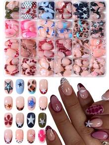 576pcs (24 Mixed Colors) Short Oval Flower Nail Art, Leopard Print Pearl Decor Design, French Acrylic Press-On Nails, Short Size Perfect Fit Artificial Nail Set, Includes: 1 Bottle Gel Polish And 1 Nail File. Easy To Wear, Suitable For Summer And French Manicure, Fit For Women's Daily Work, Party And Other Occasions. Nail Supplies - Multicolor - View 9
