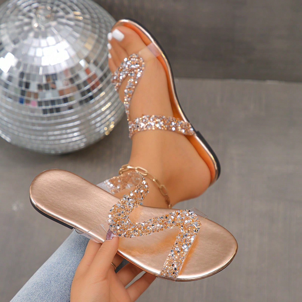 Par de sandalias casuales de diseñador para mujer, parte superior transparente, decoración de cristal, sin cordones, adecuadas para fiesta, cita, ca