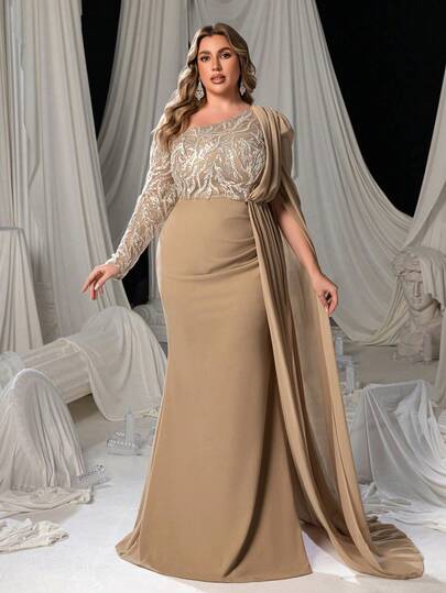 Women's Plus Size Formal Evening Gown With One-Shoulder Neckline, Mermaid Trumpet Skirt, And Thigh-High Slit Sleeve For Black Tie Gala, Wedding Guest, Evening Banquet, Formal Dinner Party, And Red Carpet Event