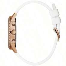 Guess Solar Mode Multi-Funktions Kristalle Rosa Zifferblatt Gummiarmband Quarz Uhr für Frauen mit Monat Woche Kalender Frauen Accessoires geeignet für tägliche Party Kleidung Dekoration stilvolles Geschenk für Frauen/W1135L1,W1135L2,W1135L3