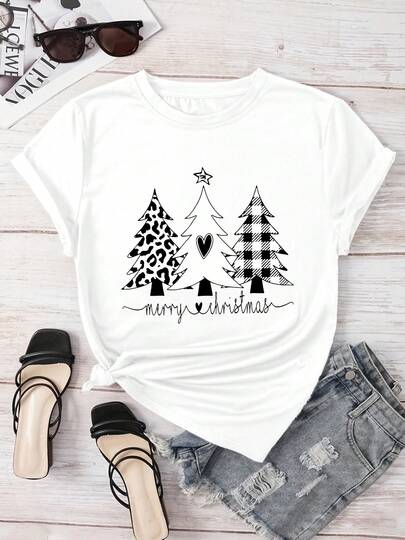 圣诞树印花圆领短袖T恤