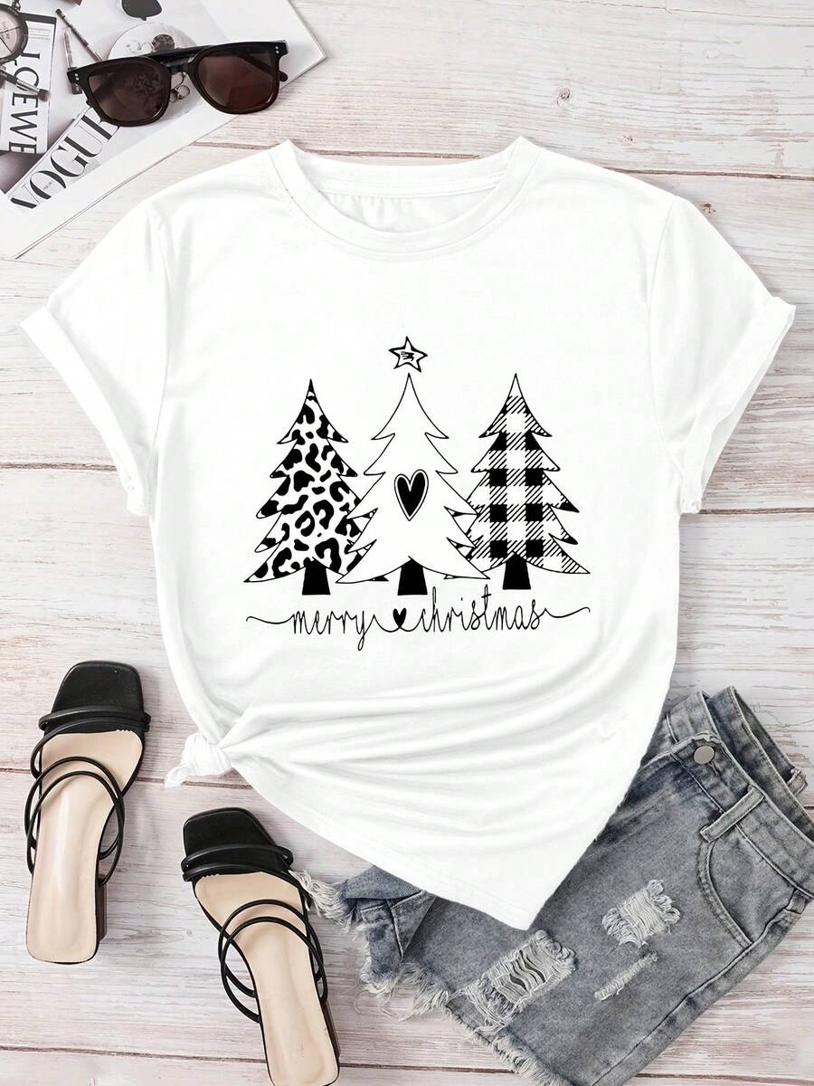 圣诞树印花圆领短袖T恤 - 白色 - 查看 1