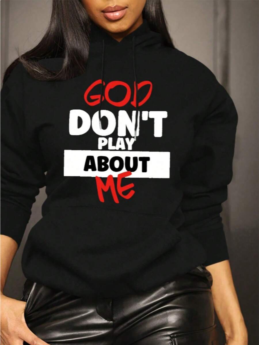 Slayr Women's Black Long Sleeve Pullover Hoodie With Cool Attitude Slogan American Streetwear, Casual New Year & Valentine's - 黑色 - 查看 1
