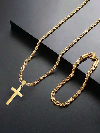 1 Set de Collar y Pulsera con Colgante de Cruz de Acero Inoxidable, Adecuado para Adolescentes, Unisex, Joyería de Moda Urbana, Ideal como Regalo de Cumpleaños para Adolescentes