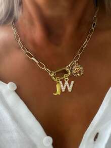 STYLEVER 1 PC Gold A-Z 26 Letter Necklace, Colorful Diamond Tree Of Life Pendant, Personalized Boot Pendant Chain, Stainless Steel Chain, Suitable For Women's Daily Wear - Yellow Gold - View 25