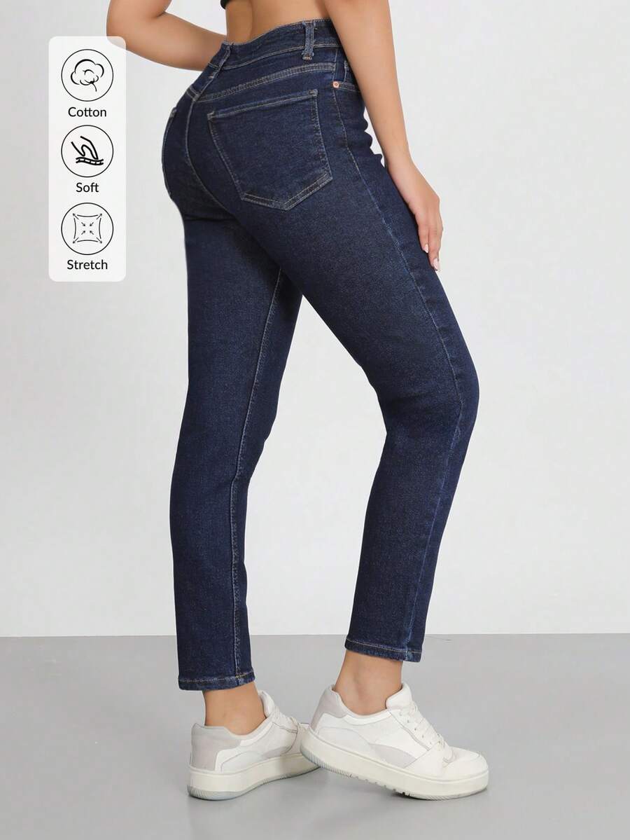 Damen Lässig Gerade Bein Jeans aus Denim mit Knopf- und Taschenelementen, lange, nicht dehnbare Stoffausführung für den Alltag - marineblau - Übersicht 1