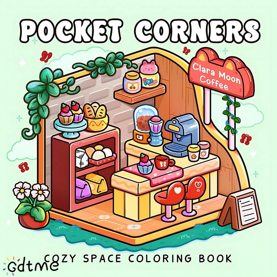 GDTME 1本舒适角涂色书，图案大胆简洁，色彩鲜艳清晰，展现无忧无虑的女孩生活，可使用马克笔涂色，适合成人和青少年，可在办公室放松、在学校玩耍，是生日礼物、返校礼物、圣诞礼物、美术用品的理想之选。24页单面印刷，2026页，7.9英寸 x 7.9英寸。