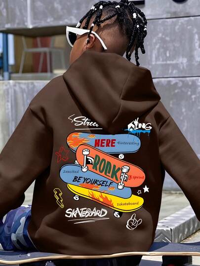 Tween Boy Casual Simple Skateboard Pattern Sporty Style Hoodie Boys Long Sleeve Hooded Sweatshirt Autumn And Winter Student Boys Clothing
