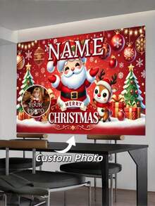 个性化圣诞横幅 - 可定制姓名和照片，圣诞老人和驯鹿图案，耐用涤纶材质，无需用电，家居装饰，圣诞装饰，个性化圣诞横幅，照片背景 - 彩色 - 查看 2