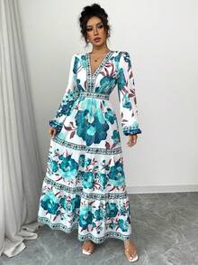 Women's Long Dress With A Floral Print, A-Line Cut, Fitted At The Waist, And Puff Sleeves. This Dress Is Elegant And Romantic, Perfect For Dates, Vacations, Holidays, And Other Occasions. - 綠色 - 查看 11