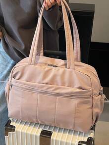 大容量纯色简约尼龙轻便手提行李包，多口袋拉链设计，带干湿分离隔层，适合健身、瑜伽、上学、旅行、度假等场合，可作旅行包、过夜包、耐用旅行收纳包、邮轮必备、度假必备，男女皆宜。