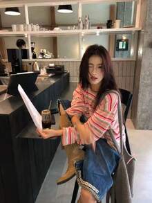 Pink & Green Striped Long Sleeve T-Shirt For Women, Loose Fit Round Neck Layering Top, Spring/Autumn - Multicolor - View 3