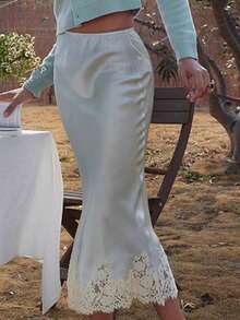 Lace Satin Maxi Skirts For Women Casual Elegant Fall A Line Elastic Waist High Rise Silk Midi Skirt With Lace Patchwork Y2k Aesthetic Going Out Skirt Party Club Streetwear - 藍色 - 查看 3