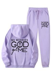 2pcs/Set Plus Size Women Casual Hooded Sweatshirt & Pants Set, Lotus Root Pink Hoodie And Sweatpants Set Comfy Set, Hoodie Two-Piece Fashion Comfortable Round Neck Sweatshirt + Sports Sweatpants Simple Letter Print Suitable - Perfect For Vacation Daily Outings, Dating & Streetwear, Spring And Autumn Running Exercise Leisure Home Comfort Set Spring Clothes For Women - 紫色 - 查看 2