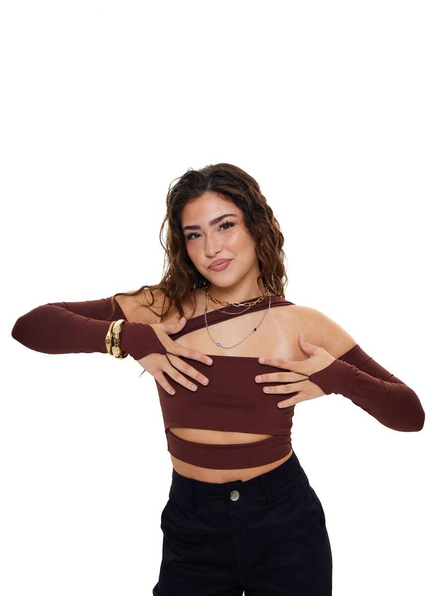 GABI CROPPED TOP WITH LONG SLEEVE CUTOUTS - Rust Brown - View 1