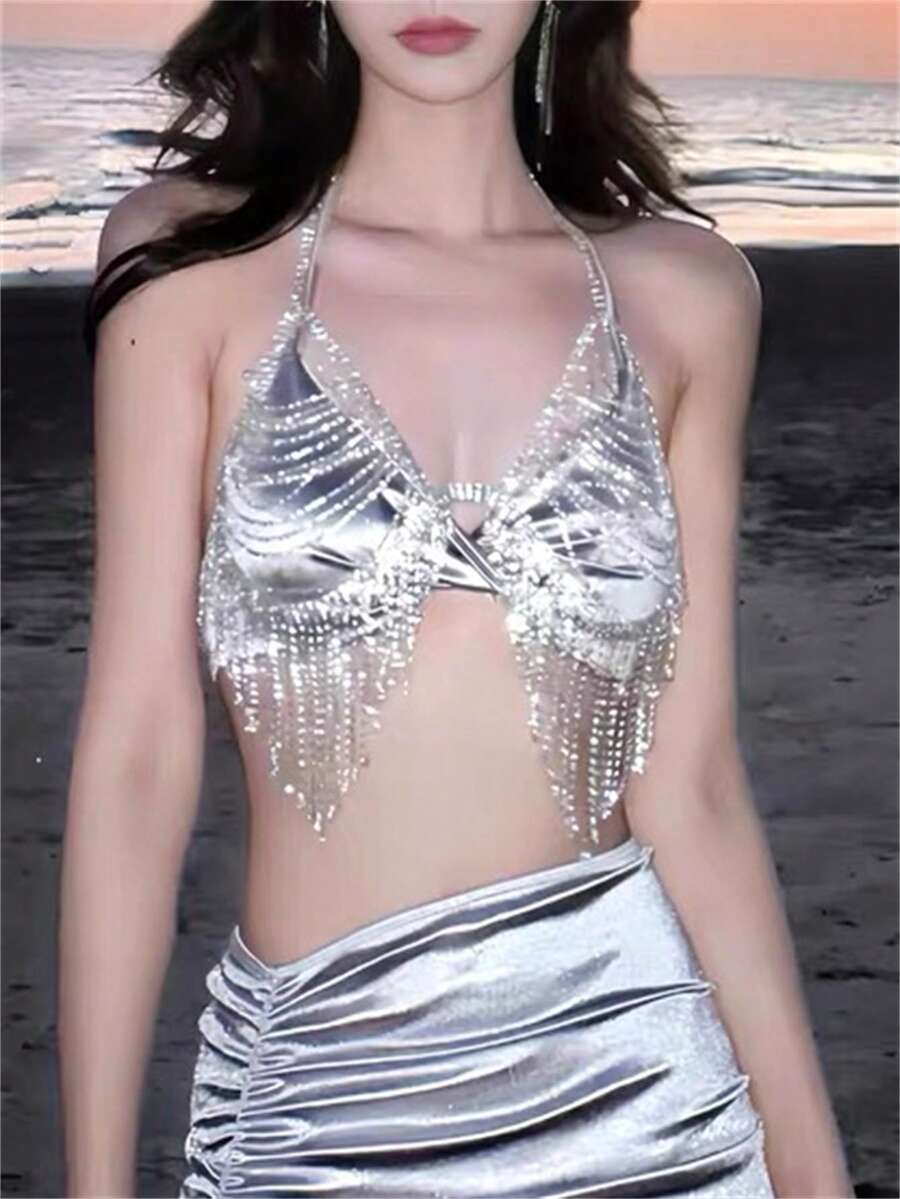 Fashionable Sexy Multi-Layer Tassel Crystal Chest Chain, Nightclub Party Exaggerated Women's Bikini Lingerie Jewelry Accessory - Silver - View 1