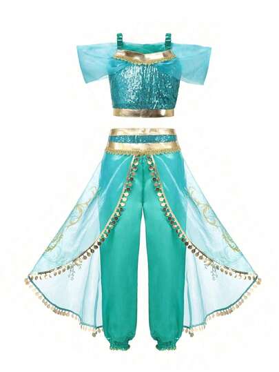 1pc Young Girls Spaghetti Strap Sparkly Cropped Top And Sequin Pants Two Pieces Outfit Set, Off Shoulder Top + Sequin Decorated Trousers, Desert Middle East Princess Style Costume, Summer Thin New Collection, Suitable For Outing, Hangout, Birthday Party, Princess Party, Stage Performance And Other Major Events