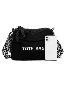 Women's Fashion Corduroy Material Letter Print Multi-Compartment Multi-Zipper Shoulder Bag, Convenient Lightweight Travel Bag With Multiple Pockets For Shopping Or Travel - Black - View 3