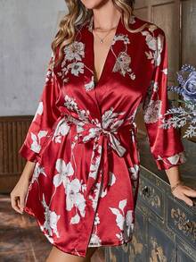 1pc Women Elegant Floral Print Loose Robe With Tie Waist, Comfortable Sleepwear Bathrobe For Home Wear - Red - View 3