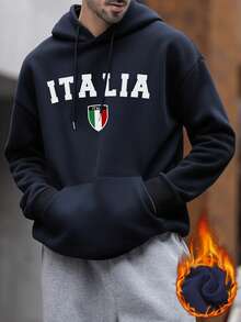 男士宽松口袋连帽卫衣，意式风格，秋冬季长袖上衣 - 藏蓝色 - 查看 2