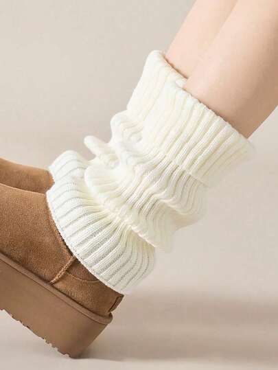 1/5 Pair Women Leg Warmers, White Knitted Calf Socks, Suitable For Autumn/Winter. Women's Thick Knit Leg Warmers, Warm, Leak-Proof Cuff, Soft & Warm, Fashionable Layering, Essential For Autumn/Winter.