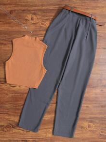 Women's Solid Color Casual Faux Button Office & Garden High Neck Vest And Pants Set, Spring/Summer Elegant - Orange and Gray - View 4
