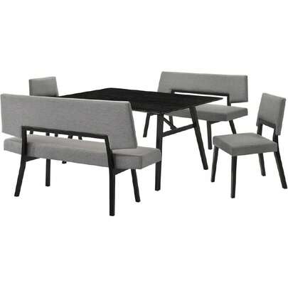 Channell Mid  Modern 5 Piece Black Wood Dining Table Set With Benches In Charcoal Fabric,23691921