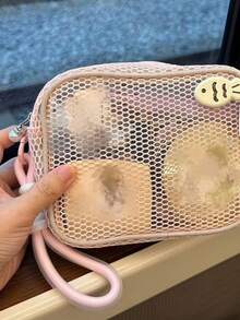 1 Pc Mesh Makeup Bag, High Appearance Level, Dopamine Pearl Zipper, Large-Capacity Storage Bag