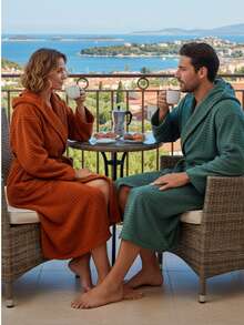 2-Piece 100% Cotton Unisex Bathrobe Set – Black & Green Color Options, Fluffy Hooded Robes For Women & Men, Terry Cloth, Soft With Long Belt – Ideal For Spa, Sauna & Daily Use – S/M & L/XL – Made In Turkey - Màu Cam cháy - Xem 2
