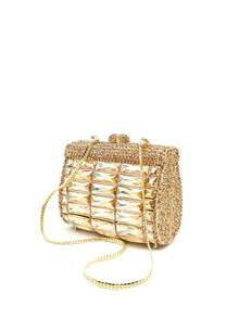 Mini Square Gold Crystal Rhinestone Evening Bag, Metallic Hollow-Out Crystal Clutch, Luxury Full Diamond/Crystal Handbag, Suitable For Weddings, Parties And Galas, Exquisite Gift Box Packaging, Makes A Great Gift - Gold - View 3