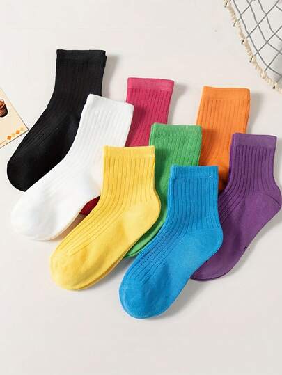 8 Pairs Kids Solid Color Candy Striped Crew Socks, Soft & Comfortable Children Socks Suitable For Boys And Girls All Seasons