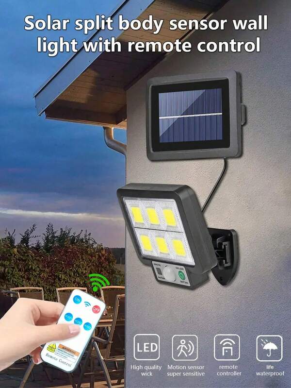 1 szt. 18650-600mAh dzielona lampa solarna do garażu, zdalnie sterowana lampa ścienna solarna, 3 tryby oświetlenia, z czujnikiem ruchu, sterowanie oświetleniem solarnym, automatyczne włączanie/wyłączanie, wodoodporna, odporna na deszcz, odporna na warunki atmosferyczne, odpowiednia do stosowania na podwórkach, w ogrodach, na chodnikach, ulicach awaryjnych, ścieżkach, w garażach i na tarasach
