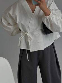 Women's Casual Long Sleeve Tie Front Blouse, Spring/Summer - White - View 7