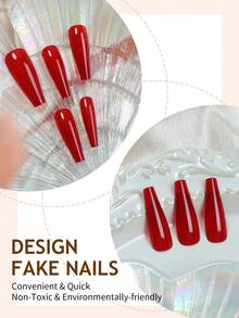 24片酒红色棺材形法式按压美甲贴纸，纯色闪光美甲贴，适合女性和女孩美甲沙龙装饰美甲用品 - 彩色 - 查看 3