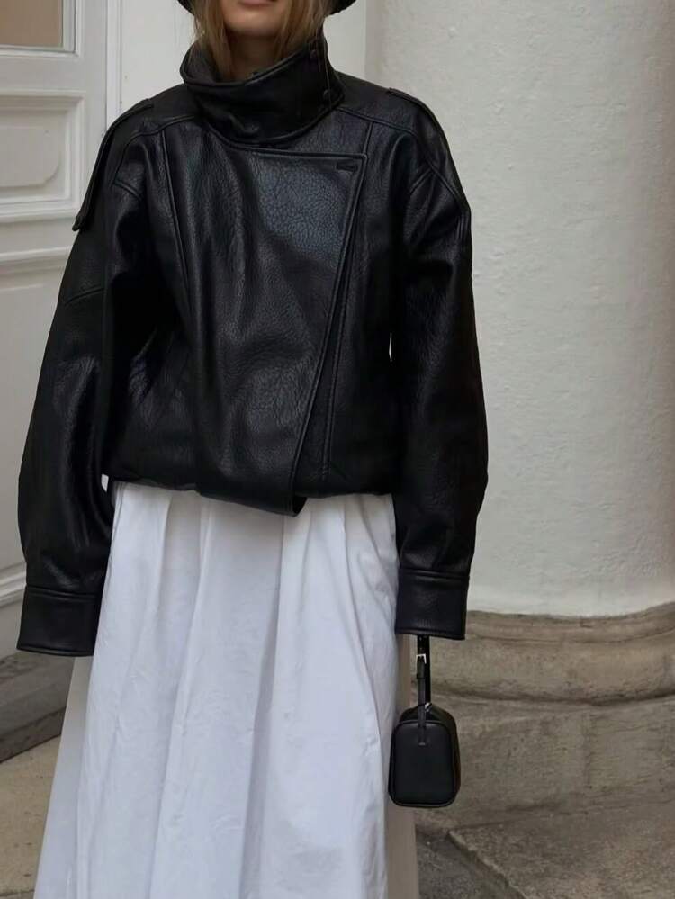 DEEKA Frühlings- und Herbst-Neuheit, Damen Loose Oversized Europäischer und Amerikanischer Mode Minimalistischer vielseitiger Litchi-Textur Lederjacke, hochwertige Oberbekleidung Schwarz - Schwarz - Übersicht 7